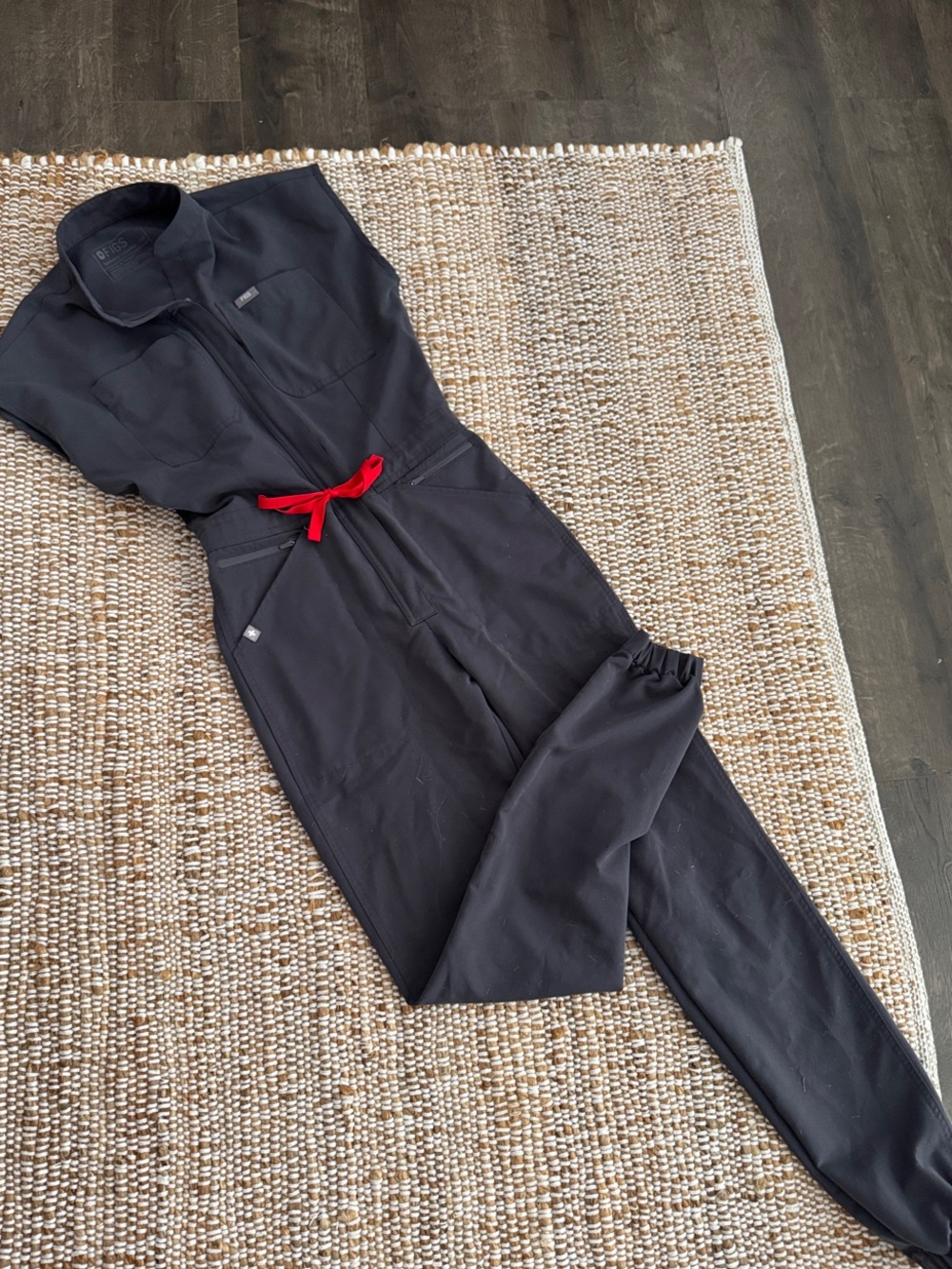 Figs Black Utility Jumpsuit with Red Waist Tie